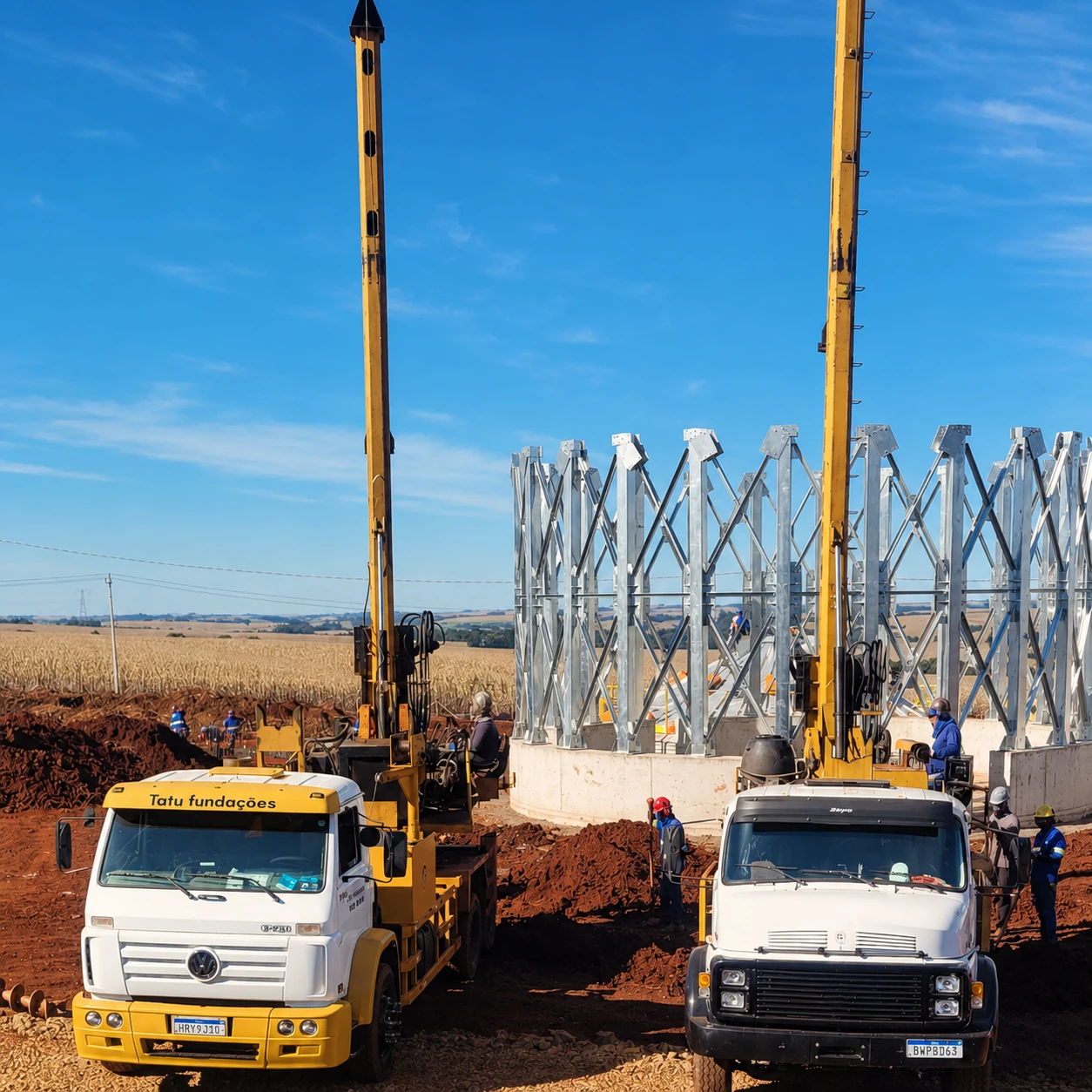 Obra com estrutura metálica e equipamento de fundação